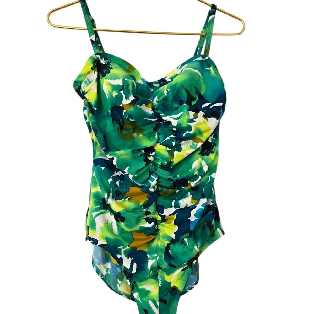 NEW Slimming Ruched One Piece Swimsuit Green Abstract Size 10 Suit Yourself